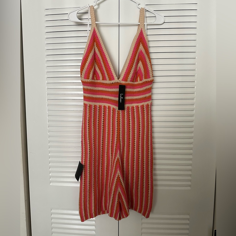 Sunshine Mood Orange Multi Crochet Knit Sleeveless Romper